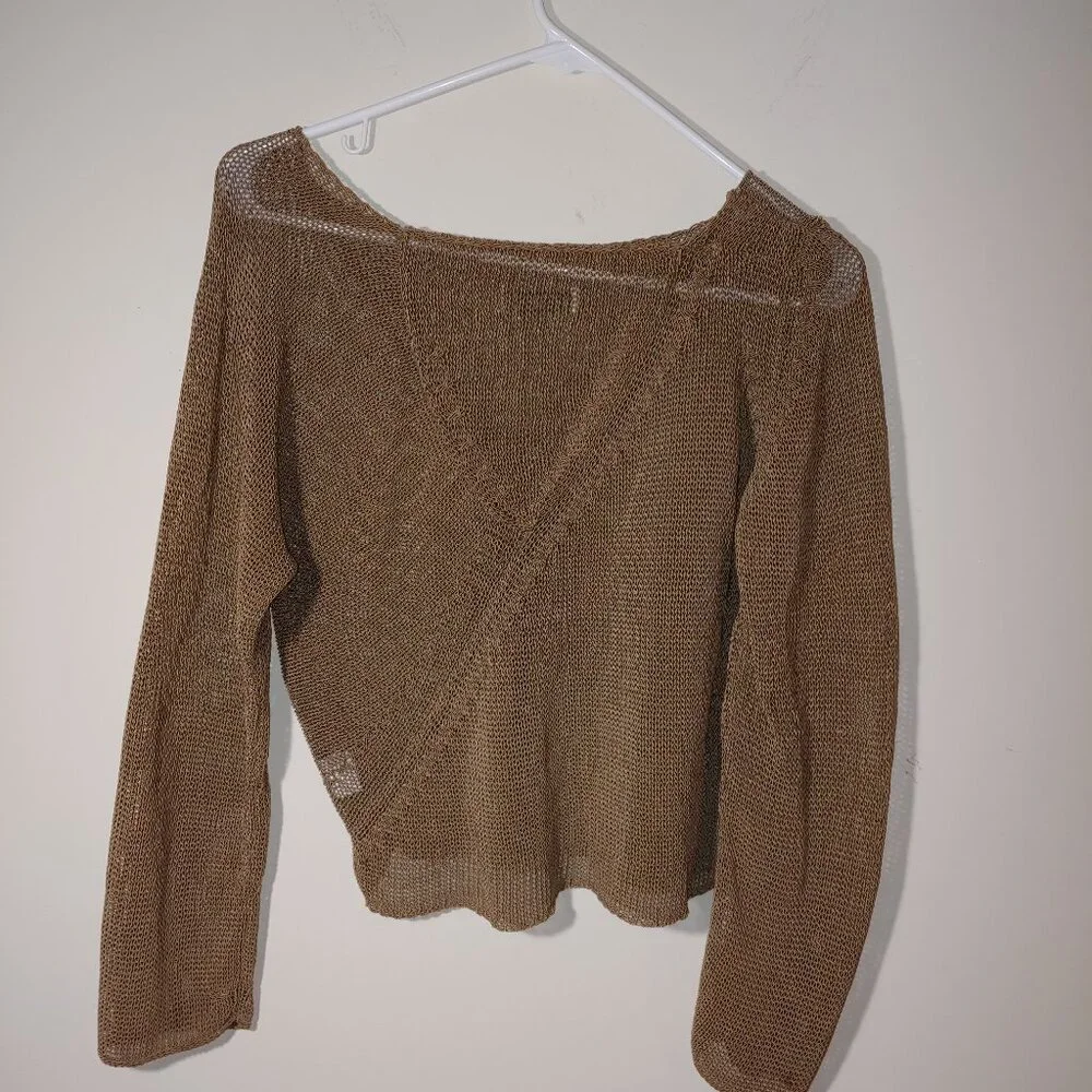 Crea Concept Asymmetrical Long Sleeves Cropped Mesh Blouse Brown Sz 38 Eu/ M